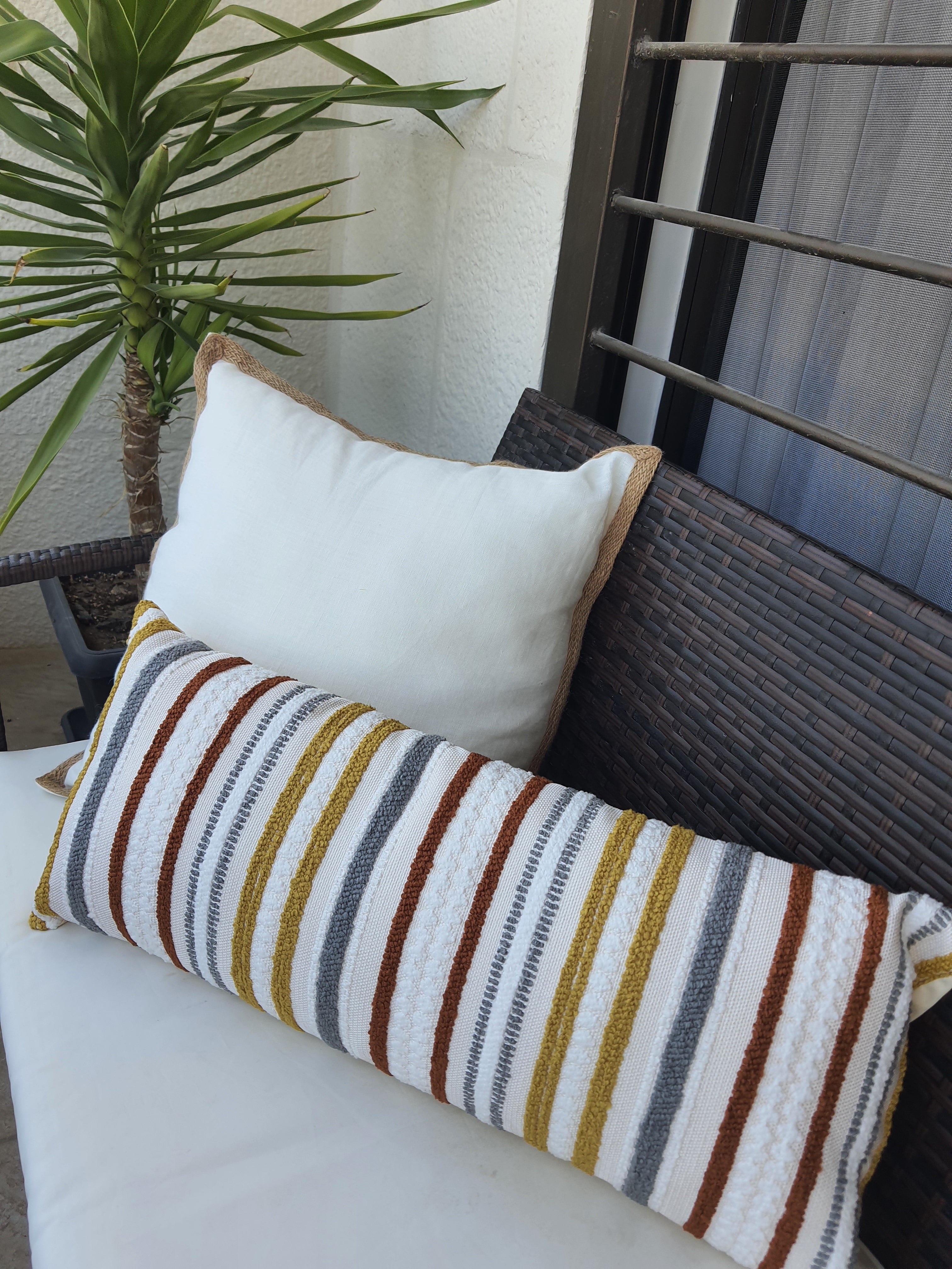 Terracotta, Grey and Mustard Striped Cushion