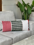 Handwoven green, red and off-white cushion
